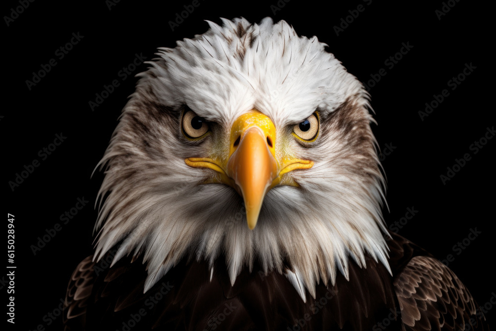 Fototapeta premium Focus portrait of eagle face on black background. Generative AI