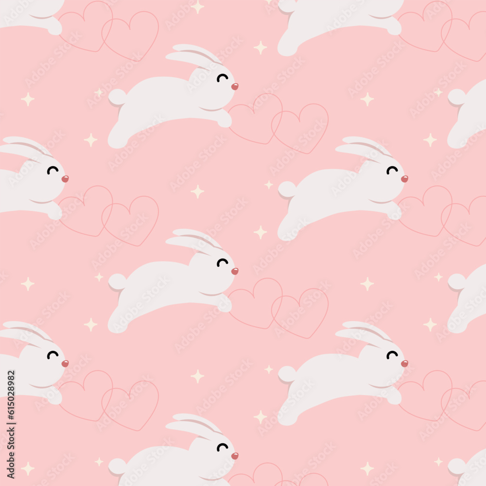 Beautiful red hearts and white rabbit on pink background, seamless pattern with rabbit.