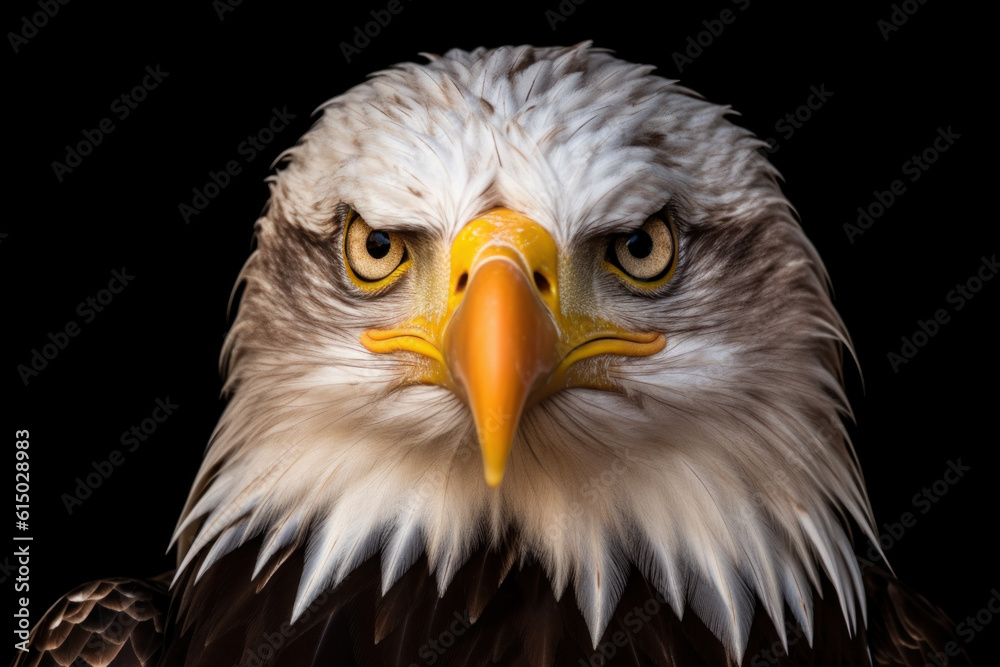 Obraz premium Focus portrait of eagle face on black background. Generative AI