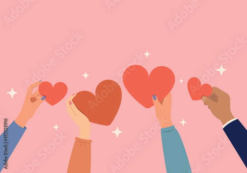 Hands holding hearts banner, Give and share your love to people, charity and donation hands with heart symbol.