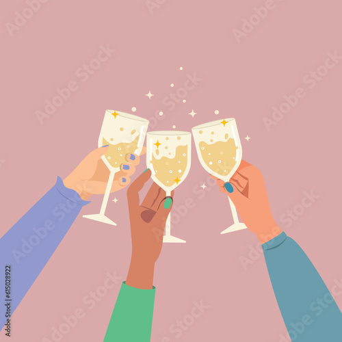 Glasses of champagne, Cheers and celebration with sparkling glasses of champagne or wine, Cocktail party.