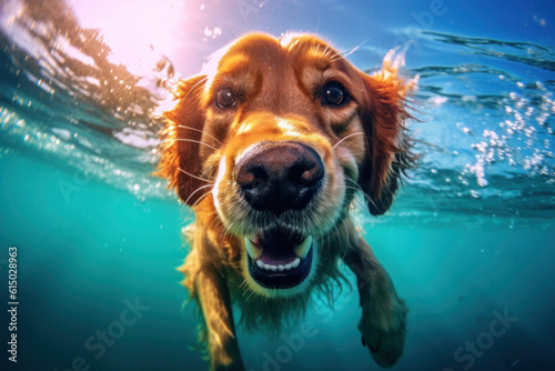 Golden Retriever dog playing in the water swim in the sea. Generative AI