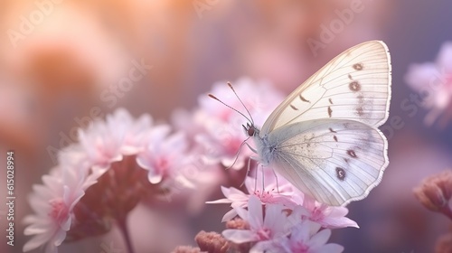 Cherry blossoms and butterfly. Spring background. Soft focus. banner copy space, ai generative
