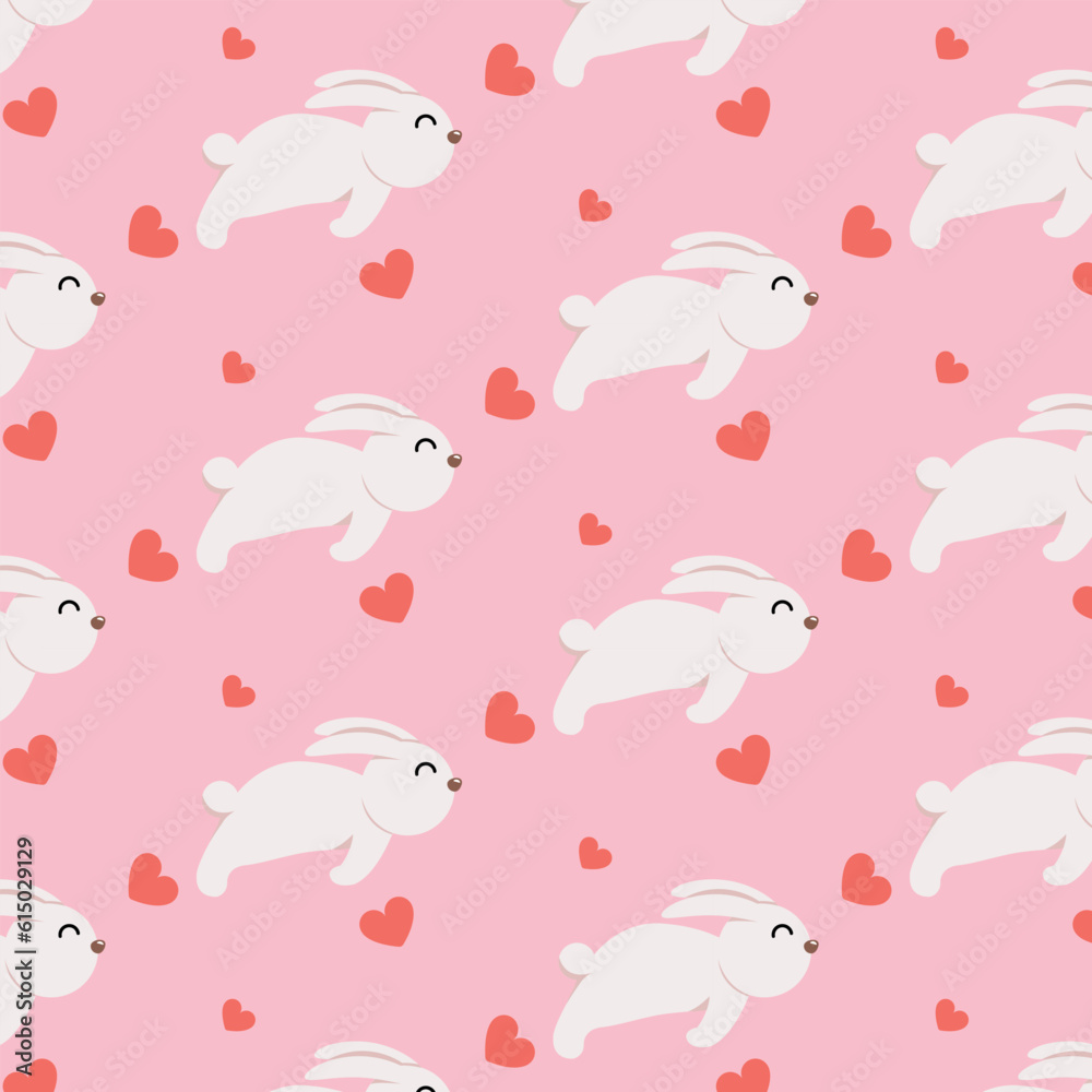 Beautiful red hearts and white rabbit on pink background, seamless pattern with rabbit. Beautiful red hearts and white rabbit on pink background, seamless pattern with rabbit.