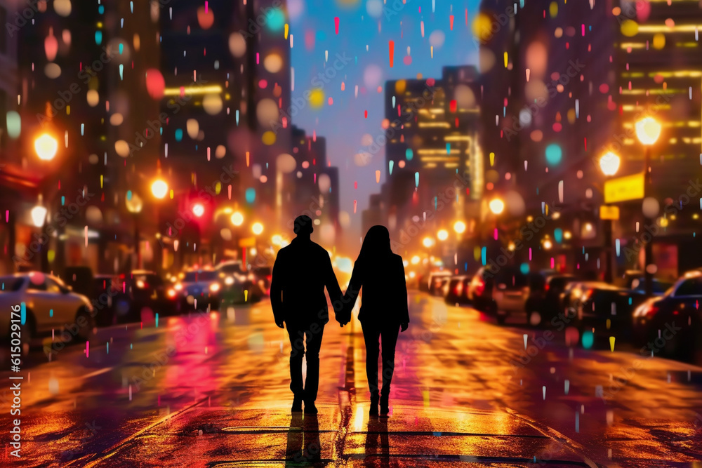 Holding hands and strolling through a vibrant city street adorned with colorful bokeh lights Generative AI