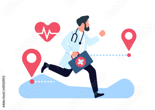 Urgent medical care. Doctor rushes to patients aid. Hurrying paramedic specialist. Physician running with stethoscope and medic kit bag. Professional cardiology help. Vector concept