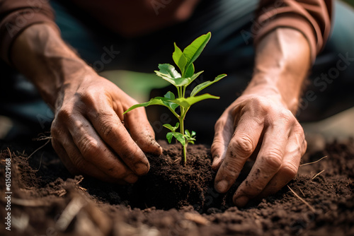 Skilled hands plant seedlings on fertile soil, igniting a cycle of renewal and environmental consciousness. Generative AI