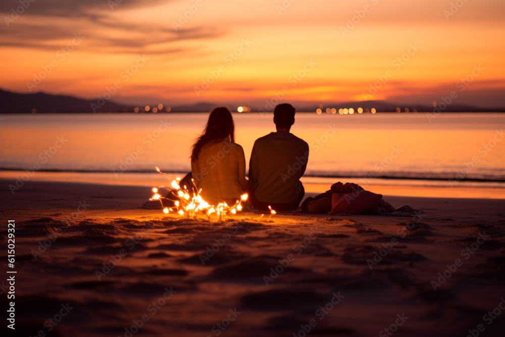 A couple enjoying a beach bonfire at sunset, with warm bokeh lights flickering in the background Generative AI