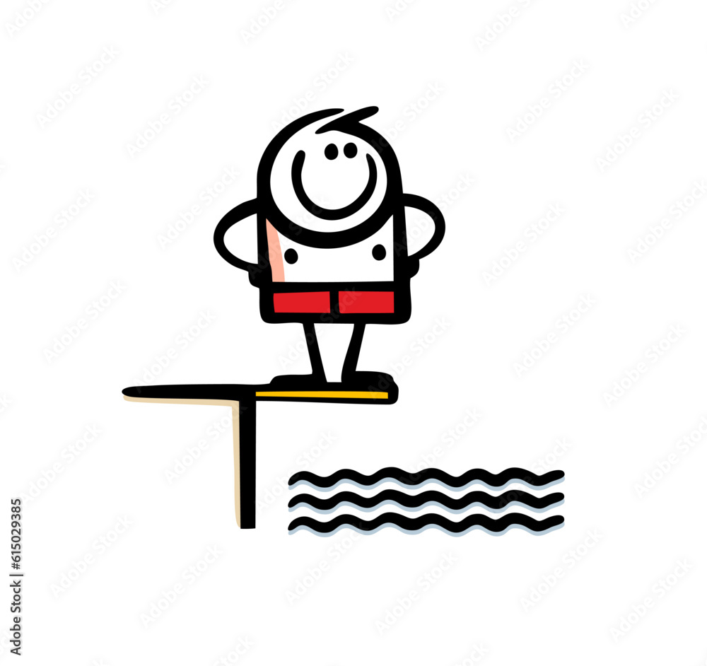 Athlete in red swimming trunks stands on a springboard and looks at the water in the pool. Vector illustration of jumping from a height into the water. Athlete in red swimming trunks stands on a springboard and looks at the water in the pool. Vector illustration of jumping from a height into the water.