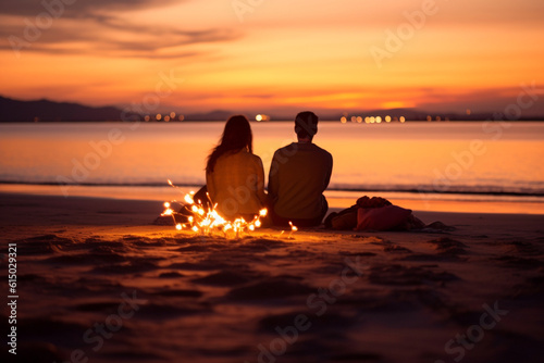 A couple enjoying a beach bonfire at sunset  with warm bokeh lights flickering in the background Generative AI