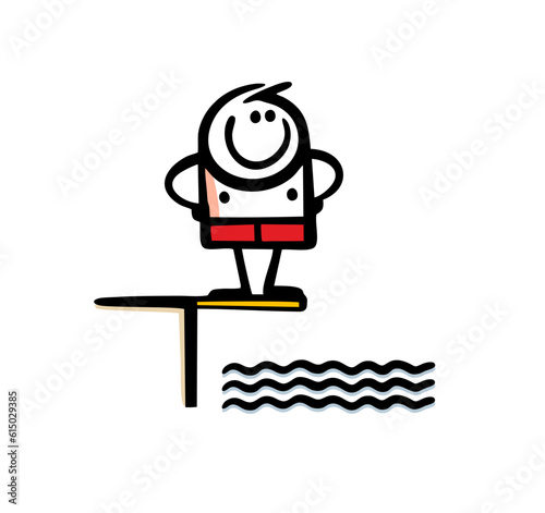 Athlete in red swimming trunks stands on a springboard and looks at the water in the pool. Vector illustration of jumping from a height into the water.