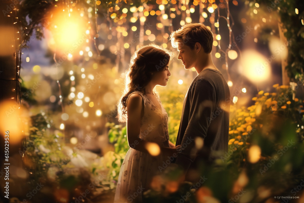 A couple sharing a quiet moment in a garden, surrounded by bokeh lights from twinkling fairy lights Generative AI