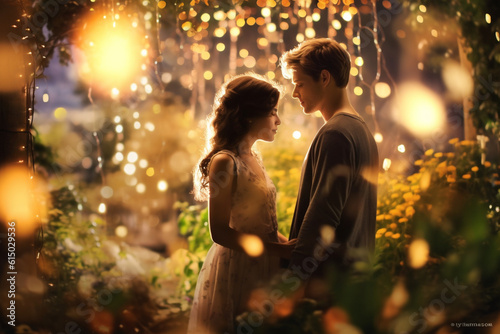 A couple sharing a quiet moment in a garden, surrounded by bokeh lights from twinkling fairy lights Generative AI