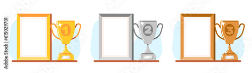 Winning awards. Gold, silver and bronze cups and photo frame with wooden frame. Winners diploma or certificate pages. Victory ceremony prizes. Competition trophy. Vector rewards set