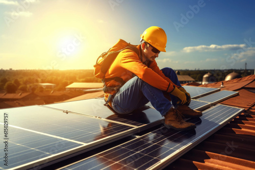 Male engineer about to install solar panels at the solar power generating station Industrial engineers order and install solar panels. Generative AI