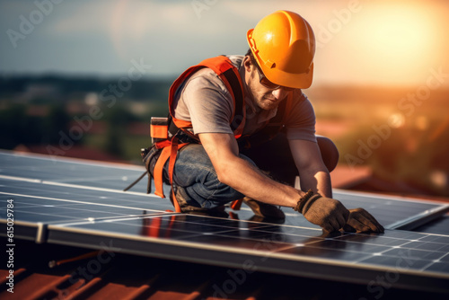Male engineer about to install solar panels at the solar power generating station Industrial engineers order and install solar panels. Generative AI