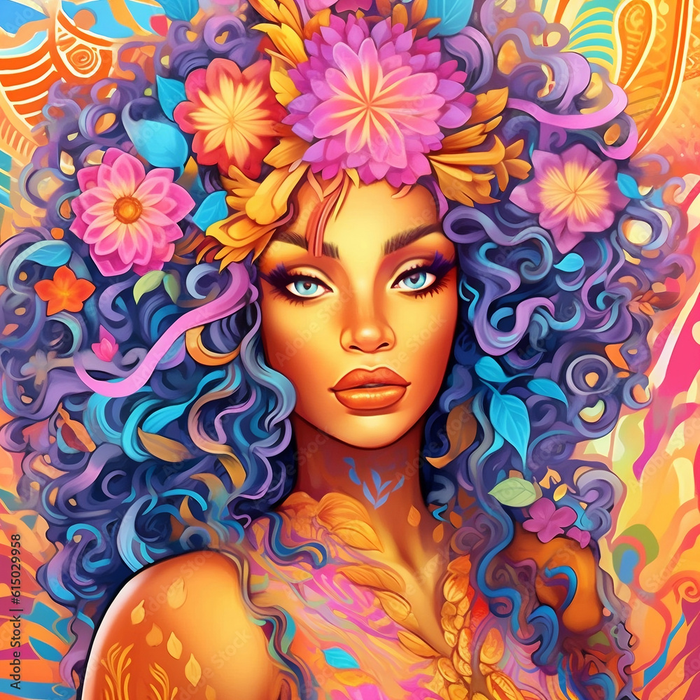 Beautiful girl with flowers in her hair. Generative AI	