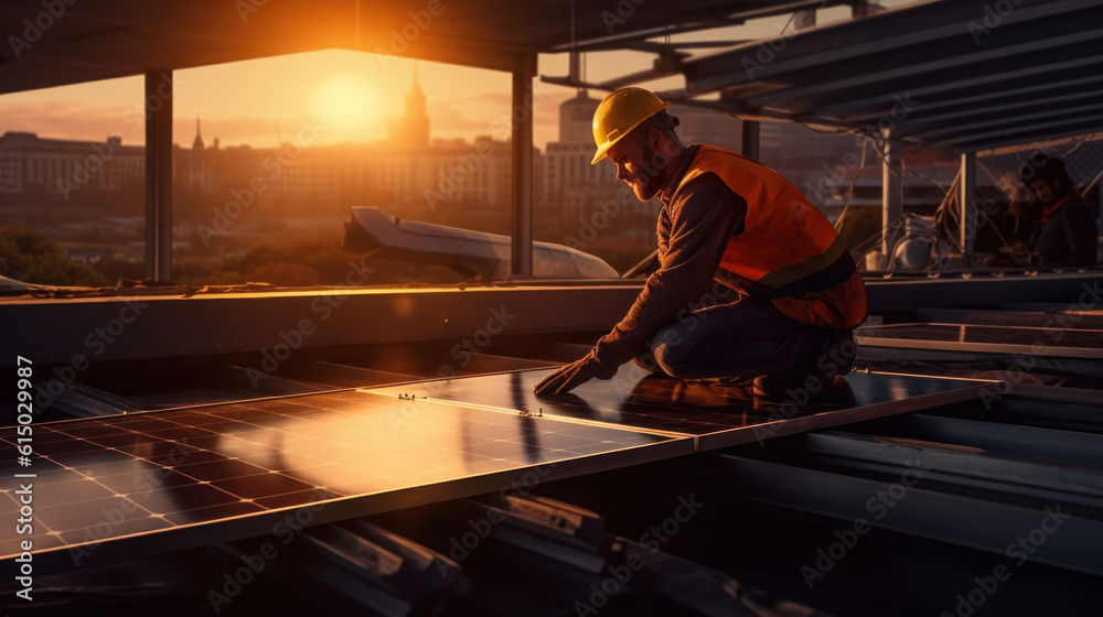 Male engineer about to install solar panels at the solar power generating station Industrial engineers order and install solar panels. Generative AI Male engineer about to install solar panels at the solar power generating station Industrial engineers order and install solar panels. Generative AI