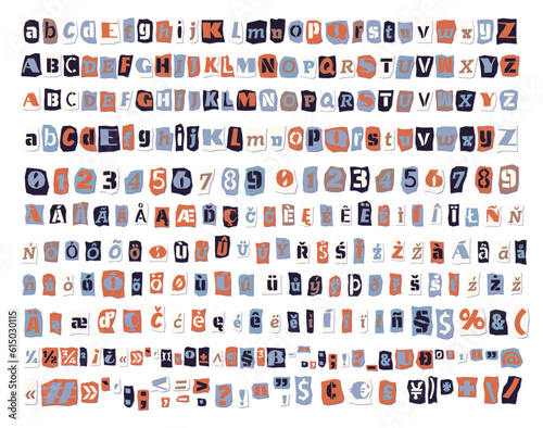 Color ransom collage style letters, numbers cut from newspapers and magazines Vintage ABC collection. Blue, white, black and orange punk typeface Extended Latin alphabet Typography vector illustration