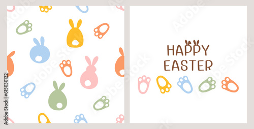 Happy Easter with seamless pattern of bunny cartoons and rabbit's feet on white background. Hand written fonts and rabbit's feet vector illustration. Cute childish print.