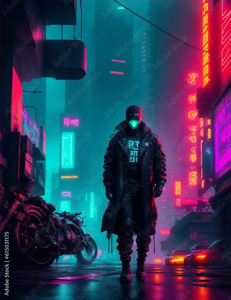 Dystopian cyberpunk universe: neon-lit streets, enigmatic characters, vibrant colors. Explore a dangerous neighborhood, and embrace the cinematic atmosphere. #GrittyFuturisticWorld