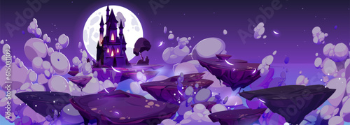 Mystery floating rock islands, fantasy sky road to magic castle vector background. Medieval kingdom fairytale landscape illustration at night. Halloween fortress silhouette with cloud and moonlight.