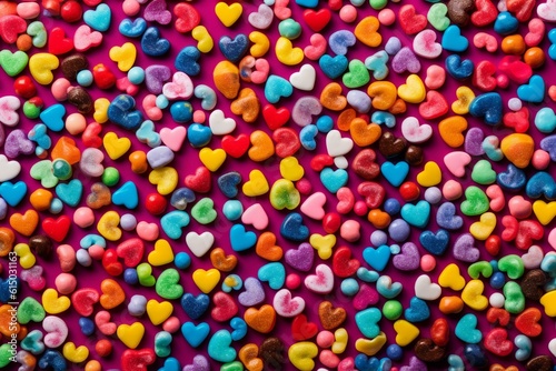 Vibrant heart-shaped candies for Valentine s Day  Mother s Day  or birthdays arranged on a colorful backdrop. Generative AI