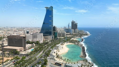 Jeddah: Aerial view of famous coastal city in v Saudi Arabia, skyline of The Headquarters Business Park, leisure area Roshn Waterfront, Red Sea - landscape panorama of Arabian Peninsula from above