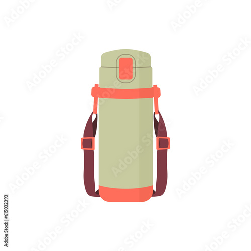 Coffee bottle. Flat illustration of a thermos for a drink, water. Vector travel beverage for tea. Thermo bottle icon. Cartoon with thermo tumbler for cover design