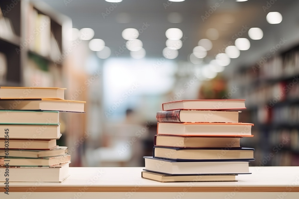 Blurred bookshelf background with library book stack. Ideal for education and business., Generative AI. Blurred bookshelf background with library book stack. Ideal for education and business., Generative AI.