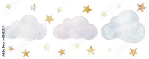 Watercolor clipart clouds and stars, cute style, set for kids