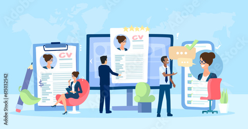 Vector set of HR manager searching for potential job candidates writing CV and applying for vacant positions