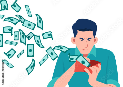 Vector of a stressed man looking at his wallet with money dollar banknotes flying away