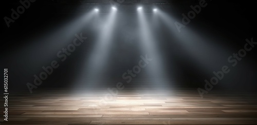 Spotlight empty stage. Vintage wooden floor on black background with abstract show scene design Generative AI illustrations © Thares2020