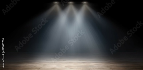 Spotlight empty stage. Vintage wooden floor on black background with abstract show scene design Generative AI illustrations