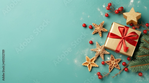 christmas gifts and cookies in the form of stars on a turquoise background, top view. Generative Ai. 