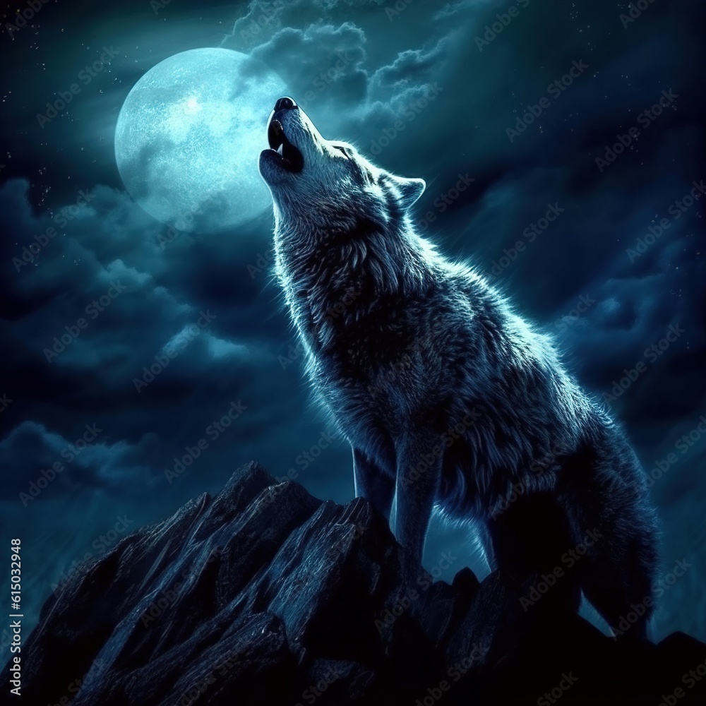 Obraz premium A howling wolf against the background of dark tones of fog and a full moon, Generative AI