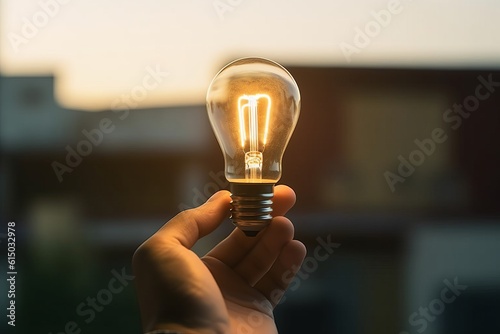 Man holds light bulb, symbolizing energy innovation and inspiration., Generative AI.
