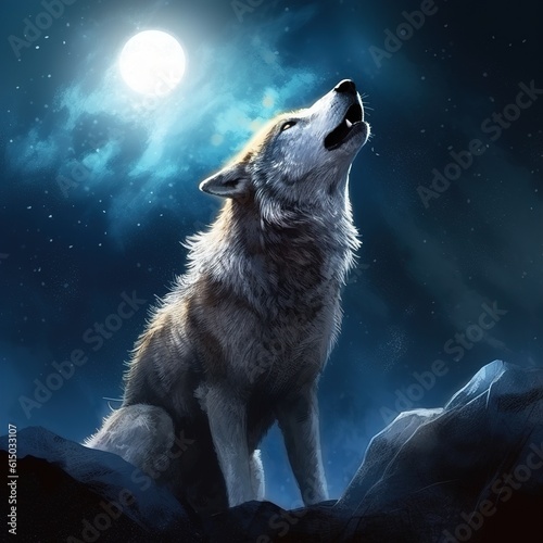 A howling wolf against the background of dark tones of fog and a full moon  Generative AI