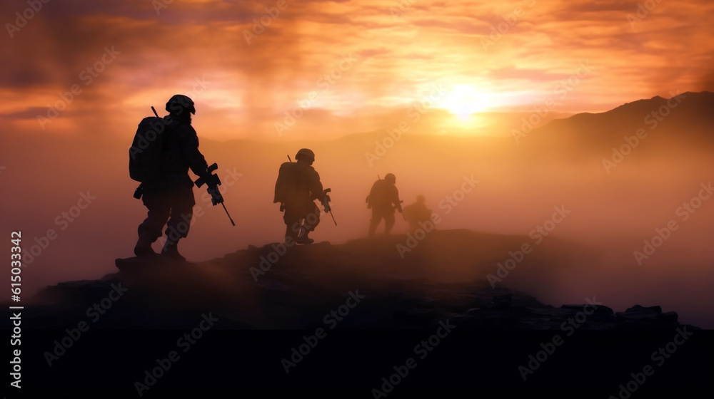 soldiers with weapons walk through a smoky field at sunset. Generative Ai. 