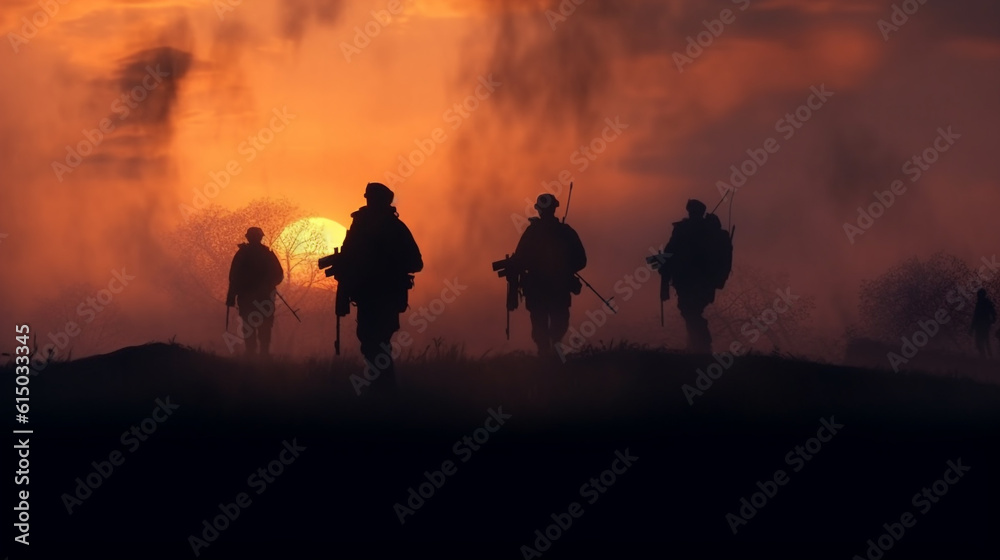 you're a soldier go beyond the horizon at sunset in the smoke. Generative Ai. 