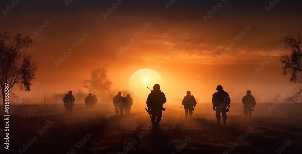 a group of soldiers at sunset moving across the field. Generative Ai. 
