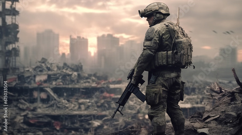 soldier with a machine gun on the background of the ruined city. Generative Ai. 