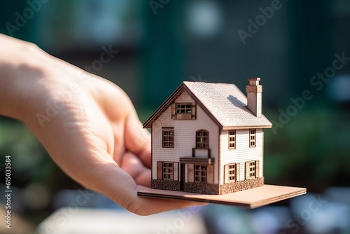 Agent holds house model for insurance and security sales., Generative AI.