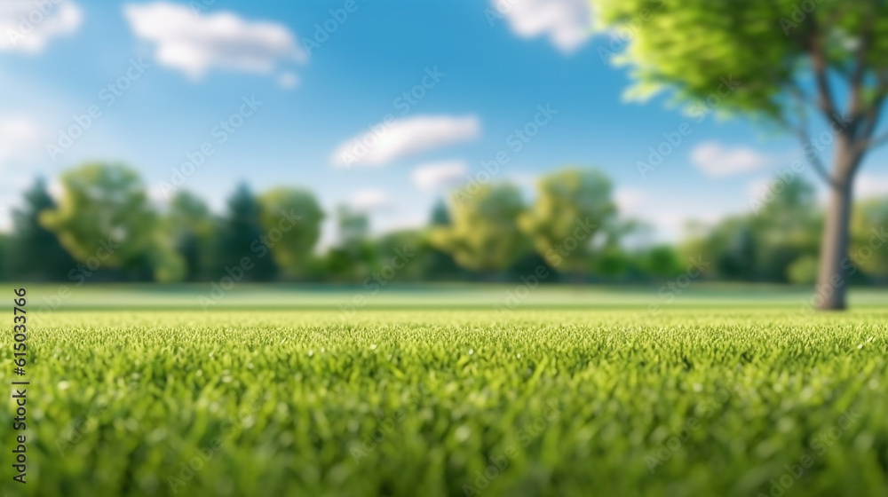 green field close-up and blue sky in the background. Generative Ai. 