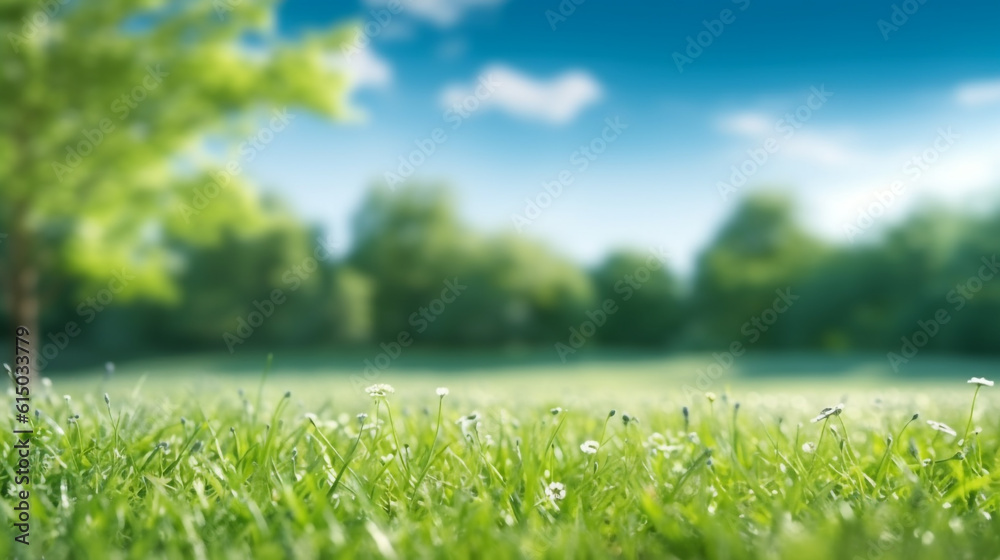 Green grass close-up on blurred background with blue sky and grove. Generative Ai. 