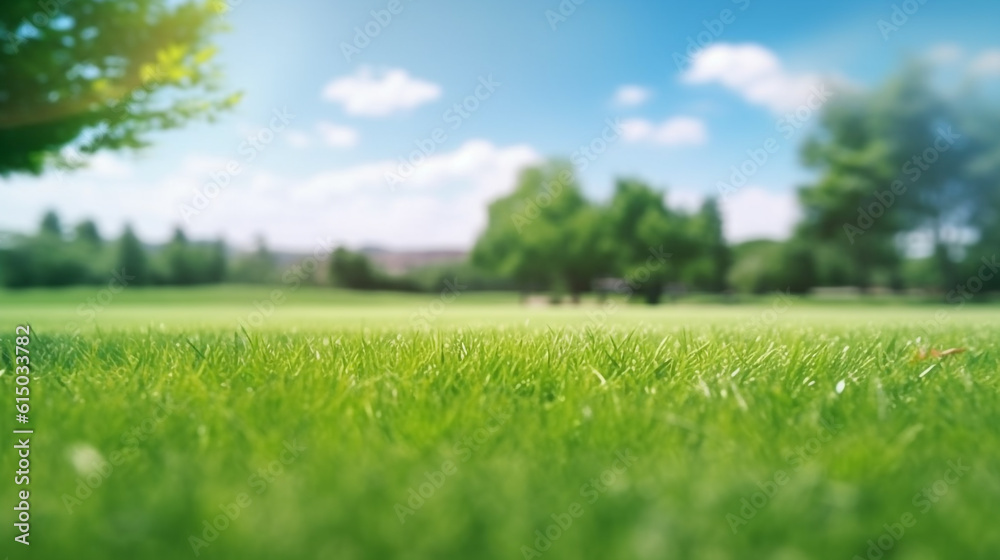 Green grass and blue sky on a sunny day, panoramic shot. Generative Ai. Green grass and blue sky on a sunny day, panoramic shot. Generative Ai.