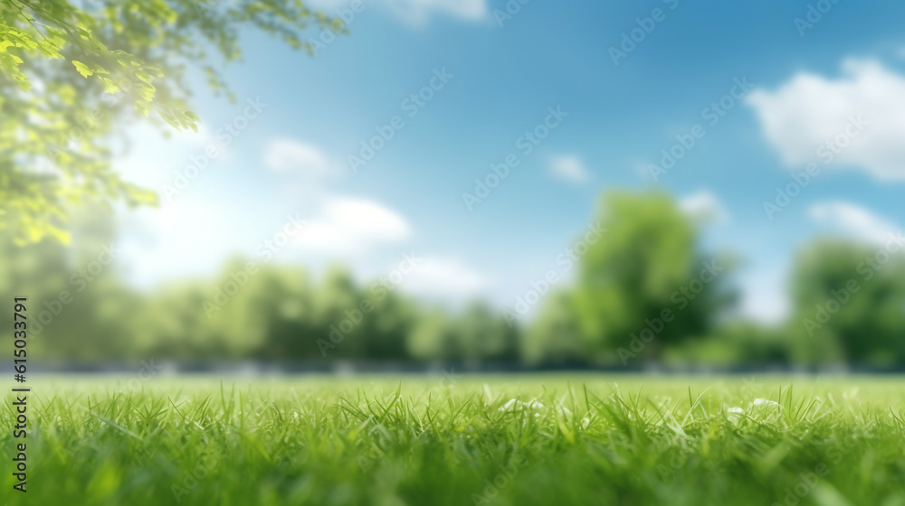Green grass and blue sky on a sunny day. Generative Ai. 
