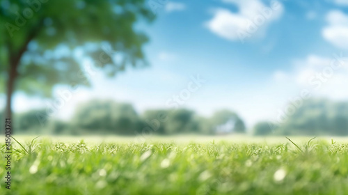 Green grass on a blurred background of blue sky and clouds. Generative Ai. 