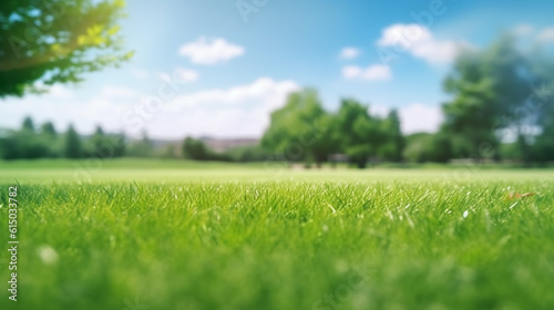 Green grass and blue sky on a sunny day, panoramic shot. Generative Ai. 